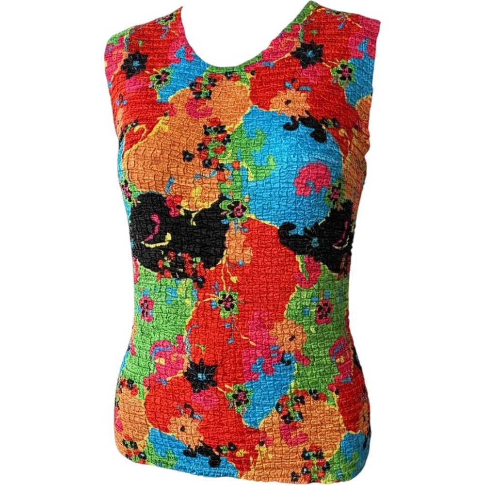 Caren Brook Crinkle Popcorn Top Medium Floral Sleeveless